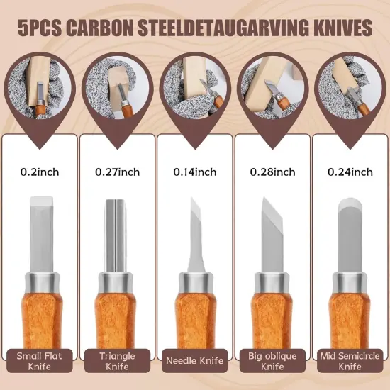 Wood Carving Kit, 4PCS Wood Carving Knives & 5PCS Detail Knives, 9 Basswood Blocks, 1 Pair Gloves, Roll Bag, Strop Block, Polishing Compound Whittling Kit Hobbies for Adults {5}
