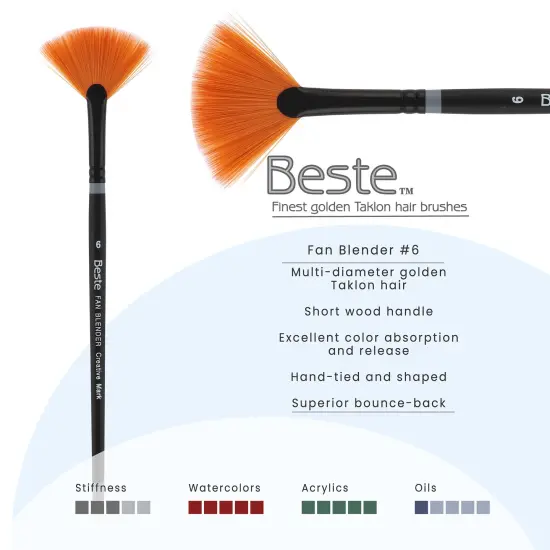 Creative Mark Beste Golden Taklon Fan Blender, #6 Artist Paint Brush, Professional Watercolor Brushes, For Acrylic Painting, Short Handle, Sharp Edges, Hand-Tied & Shaped {3}