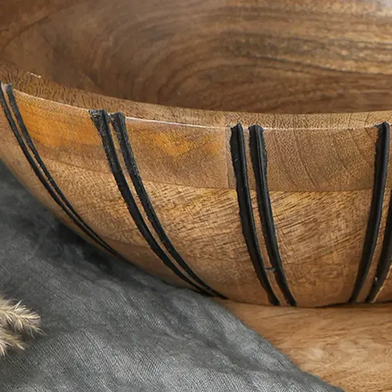 Handcrafted Large Wood Bowl with Black Vertical Lines {5}