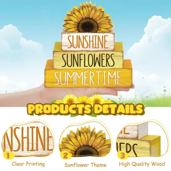 4 Pcs Summer Wooden Tiered Tray Decor Farmhouse Rustic Table Decor Books Stack Block Signs for Table & Home Office Decorations(Sunflower Style) {6}