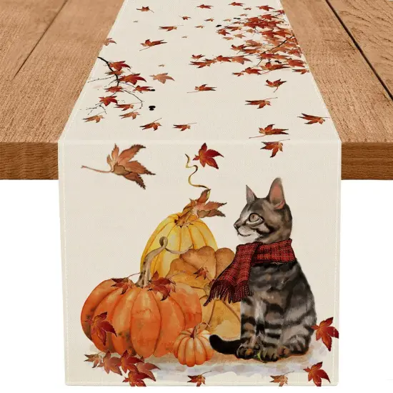 Fall Table Runner Pumpkins Cat Maple Leaf Autumn Harvest Seasonal Thanksgiving Decorations for Home Kitchen Dining Room Party Decor 13 x 60 Inch {1}