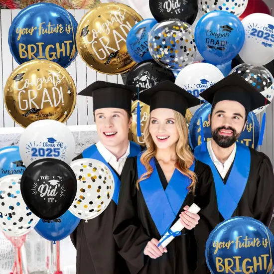 Graduation Blue and Gold Balloons 2025 - Grad Latex Confetti Balloons with Congrats Grad Foil Balloons for Graduation Party Decorations Supplies, 60Pcs {3}