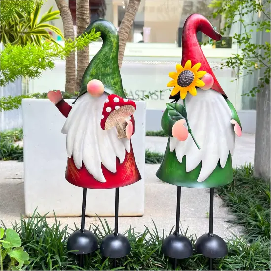 Metal Gnome Yard Art Outdoor Garden Gnome Statue 18 Inch Gnome Figurine Decorative Stakes for Holiday Christmas Lawn Patio Yard Garden Decor-2 PCS {1}