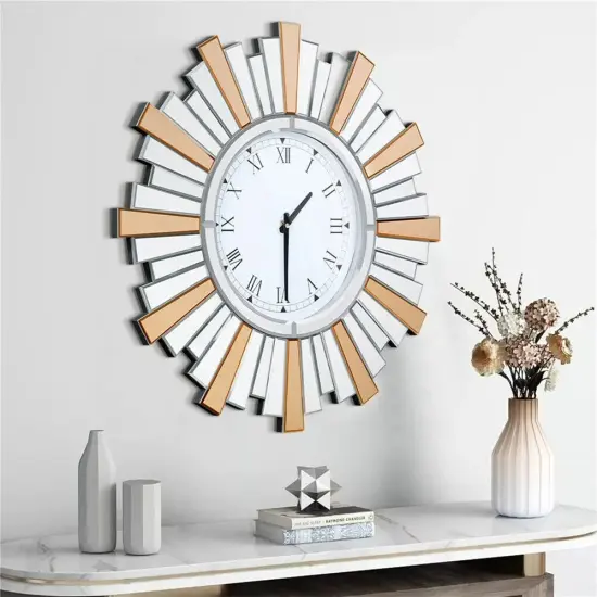 Rustic Beveled Mirrored Wall Hanging Clock Large Sunburst Mirrors for Home Decor {4}