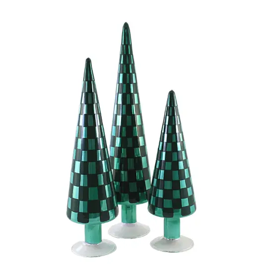 Cody Foster 18.25 In Green Trees Set/3 Christmas Decorative Tree Set , Christmas Decor Checkered Tree Glass {1}