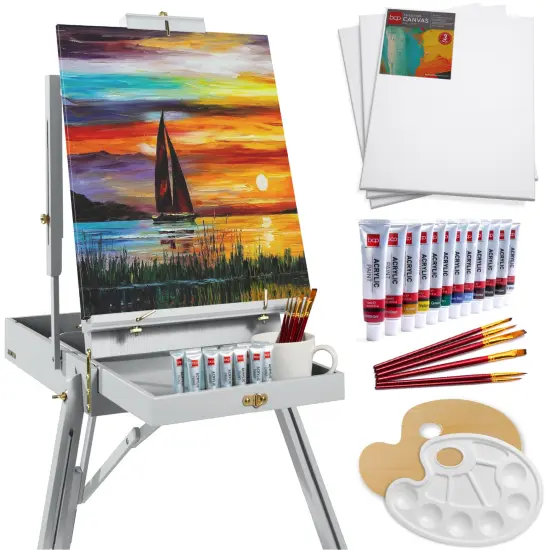 Best Choice Products French Easel, 32pc Beginners Kit Portable Wooden Adjustable Tripodw/ Paint Supplies Gray {1}
