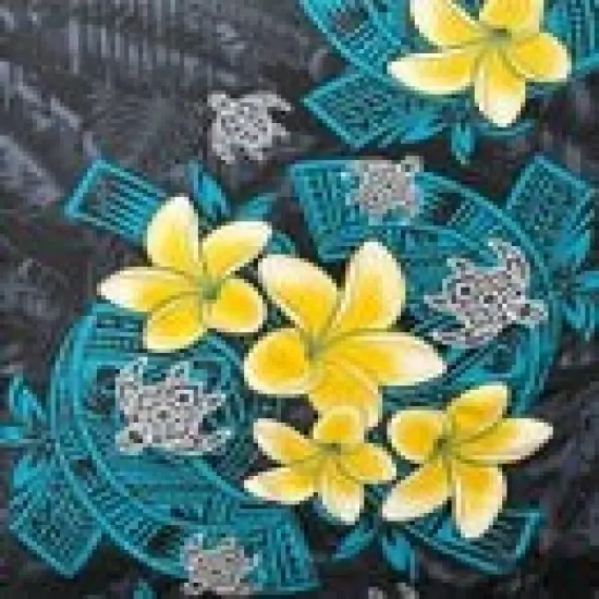 1 Yard Plumeria Turtles Tribal Peachskin Polyester Fabric with Hawaiian Floral Print 44/45 Inch Width Teal {3}