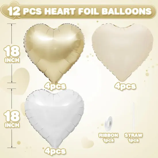 Cream White Heart Balloons,12Pcs Sand White Gold Heart Shaped Foil Balloons,18Inch Beige Helium Mylar Balloon for Boho Baby Shower Birthday Bridal Shower Wedding Party Decorations {2}