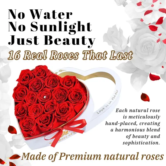 16 Red Real Preserved Rose Flowers in a Heart,Luxury Forever Roses {5}