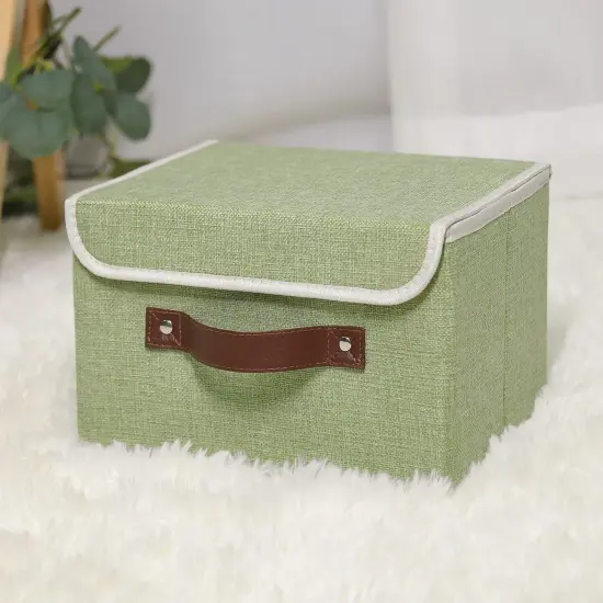 Storage Bin with Lid Storage Boxes with PU Leather Handles PP Plastic Board Decorative Foldable Lidded Cotton Linen Fabric Home Cubes Baskets Closet Organizer Container - Green, Small Size {3}
