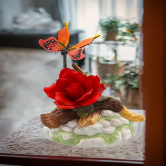 Ceramic Red Rose with Butterfly Figurine, Home D&eacute;cor, Gift for Her, Gift for Mom, Nature Lover Gift {1}