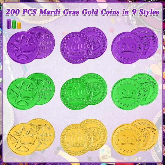 200 PCS Mardi Gras Decorations, 1.4 in Purple Gold Green Fake Coins, Crown Masks Pattern Mardi Gras Gold Coins Plastic Coins Leprechaun Gold Coins, Mardi Gras Table Decorations Costume Accessories {3}
