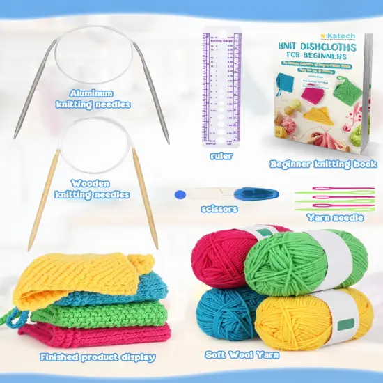 Katech Knitting Kit for Beginners - Learn to Knit Dishcloth - Adults & Kids Knitting Kit with Knitting Book, Needles, Yarn, Yarn Needle, Craft Kits Gift (Beginner to Expert) {2}