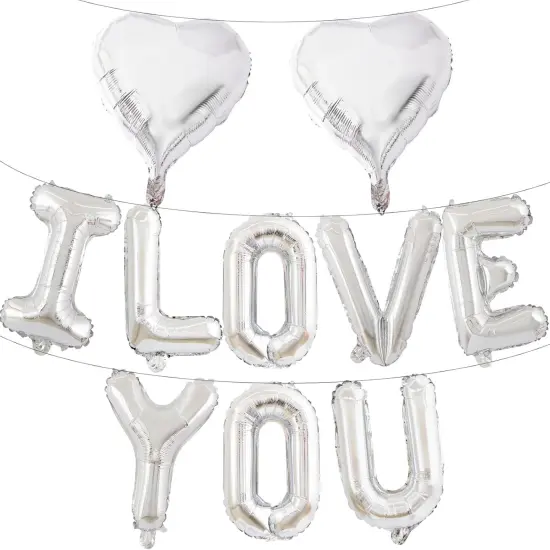 16 Inches Silver 'I LOVE YOU' Balloons Banner - Mylar Letter Balloons with 2 Heart Shaped Foil Balloons for Romantic Decorations, Anniversaries, Engagements, Proposals, and Valentine's Day Decor {1}