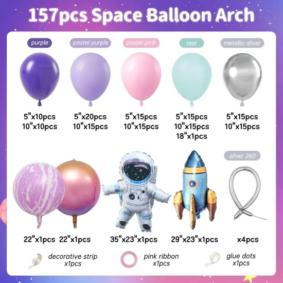 161pcs Space Balloons Arch Kit Outer Space Party Decorations with Space Astronaut Rocket Pink and Purple Balloons Space Themed Birthday Party Baby Shower Decorations {2}