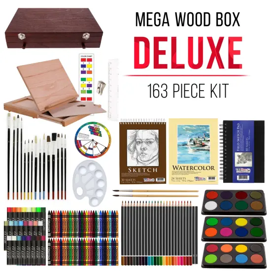U.S. Art Supply 163-Piece Mega Deluxe Art Painting, Drawing Set, Desk Easel - Painting Pad, Sketch Pads, 24 Watercolors, 24 Colored Pencils, Crayons {2}