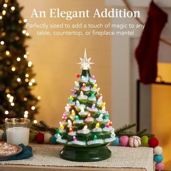15in Ceramic Christmas Tree Pre-Lit Tabletop Holiday Tree with Star Topper and Multicolored Bulbs Frosted W {5}