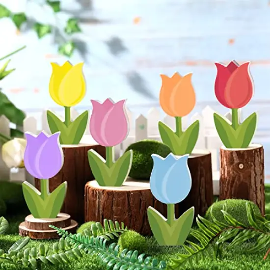 6 Pcs Spring Summer Decor Colorful Tiered Tray Decor Set Wooden Tulip Ice Cream Umbrella Sunglasses Block Signs Spring Summer Table Centerpieces for Farmhouse Home Shelf(Tulips) {5}