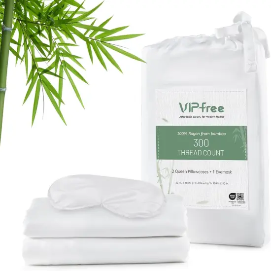Pillow Cases Queen Size Set of 3, 100% Rayon Derived from Bamboo, Cooling Pillowcase, Soft & Breathable Pillow Covers with Envelope Closure, Eye mask (20x30 inches, White) {1}