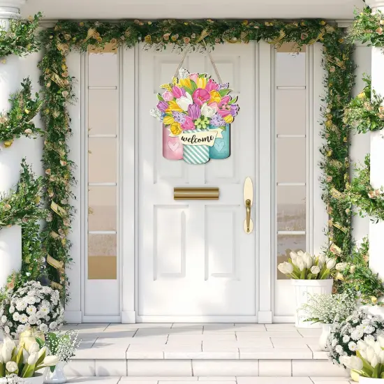 Spring Welcome Sign Wood Front Door Decor Spring Wood Hanging Door Outdoor sign Decorations for Farmhouse Porch (Bright Style) {2}