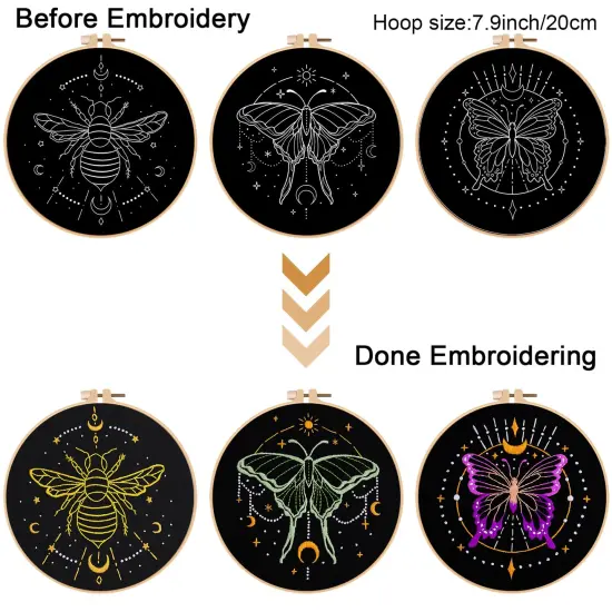 3 Sets Tarot Embroidery Kits for Beginners,Cross Stitch Kit for Adults,Crewel Starters Needlepoint with Moon, Butterfly, Bee and Moth Pattern and Tool {6}