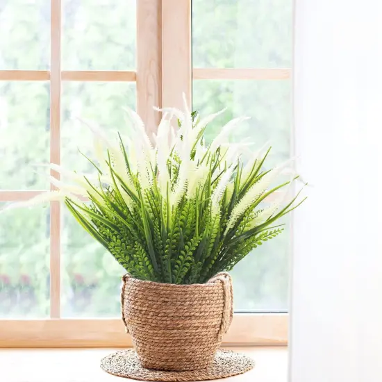 10 Bundles Artificial Plants Outdoor Fake Grass with Flowers UV Resistant Greenery Garden Porch Window Box Decorating (White) {6}