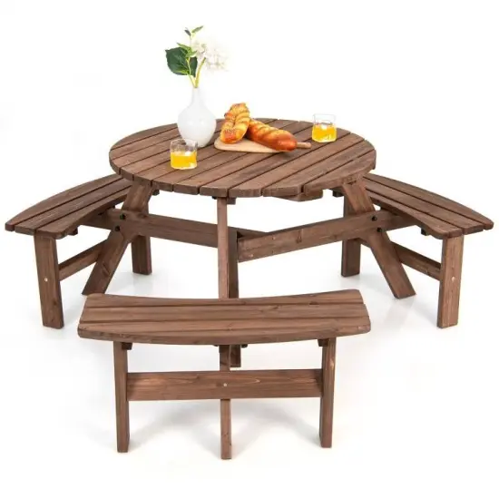Round 6 Person Fir Wood Outdoor Picnic Table with Umbrella Hole for Patio Dining Bench {1}