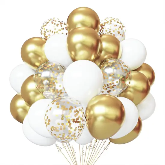 White and Gold Confetti Latex Balloons, 50 Pack 12 inch gold and white Party Balloons with Ribbons for Birthday Graduation Wedding Bridal Shower Party Decoration {1}
