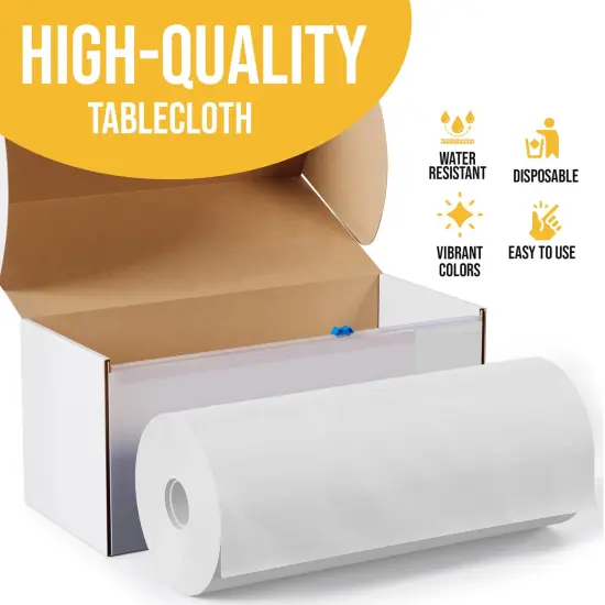 Exquisite Party Solids 54" x 100' Plastic Table Cover Roll with Slide Cutter &ndash; Cut-to-Size Dispenser Box &ndash; Makes Up to 36 Disposable 8' Rectangle Tablecloths White {4}