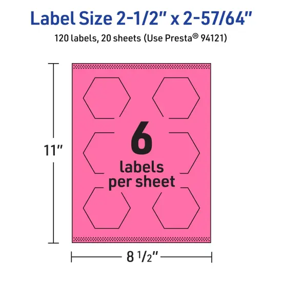 Avery Bright Pink Paper Labels, 2-1/2" x 2-57/64" Hexagon {5}