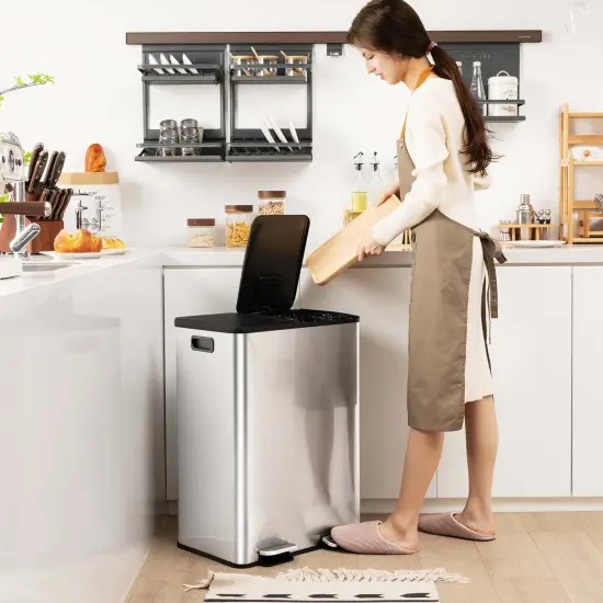 Costway 16 Gallon Dual Step Trash Can Recycle Bin Stainless Steel Bucket Pedal Silver/Black/White {2}