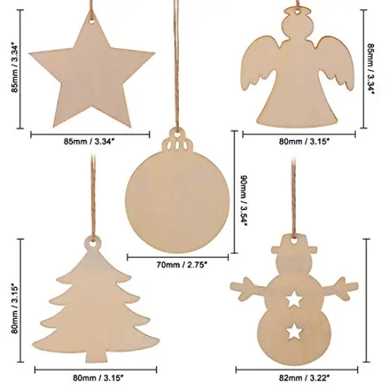 50 Pcs Unfinished Paintable Blank Wooden Christmas Festival Decoration Ornaments, Xmas Tree Hanging Wood Slices for Kids DIY Art Crafts, 5 Designs-Christmas Tree, Snowman, Stars, Angel, Round {5}