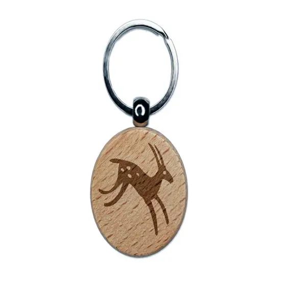 Cave Drawing Deer Gazelle Antelope Petroglyph Engraved Wood Round Keychain Tag Charm {1}