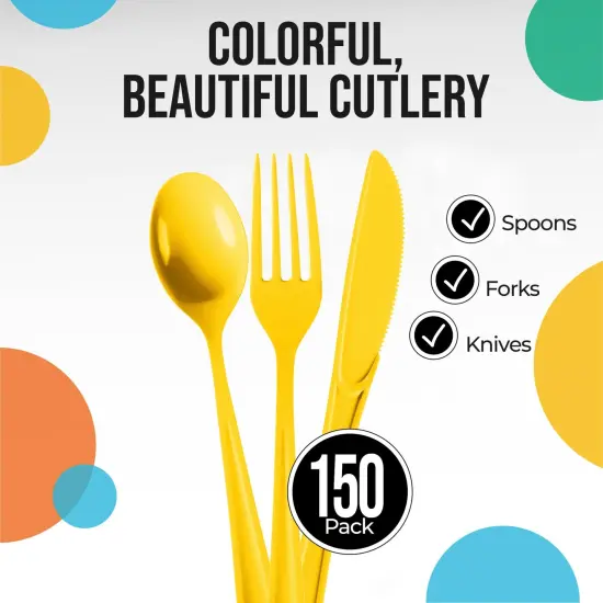 Exquisite Polished Plastic Silverware &ndash; 150 Pcs Heavy Duty Cutlery Set &ndash; 50 Each of Forks, Knives & Spoons &ndash; Disposable Utensil Set for Parties, Events & Catering &ndash; Flatware Set by Party Solids Yellow {2}
