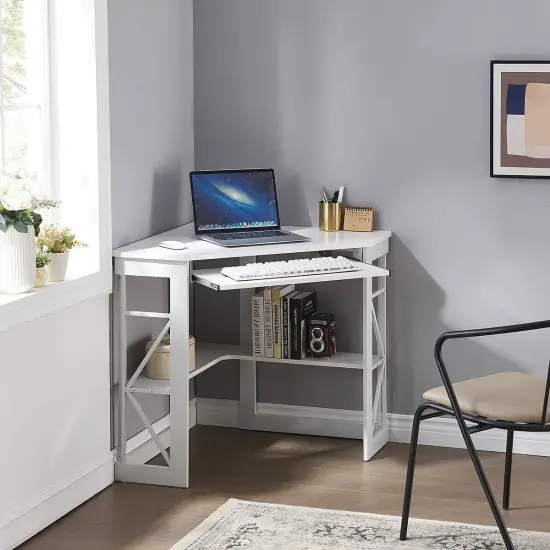 White Engineered Wood Corner Computer Desk with Shelves and Keyboard Tray {3}