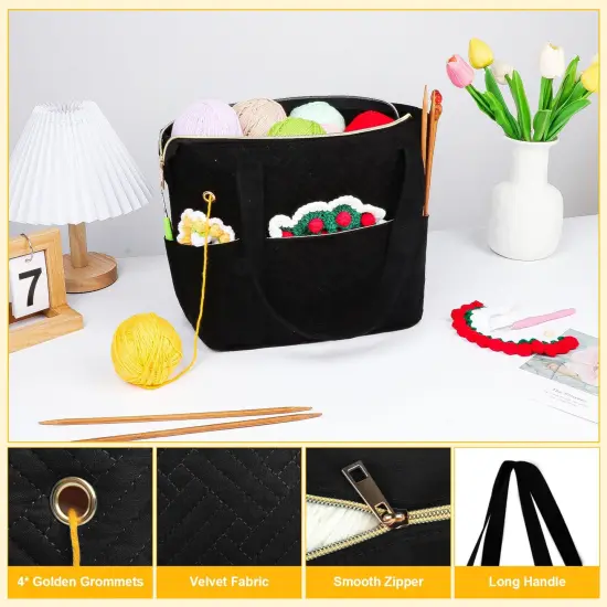 Crochet Bag Organizer for Yarn Storage, Velvet Knitting Tote Bag with Double Handle for Crochet Accessories, Portable Travel Case for Yarn Balls, Crochet Hooks& Knitting Needles Holder (Black) {6}