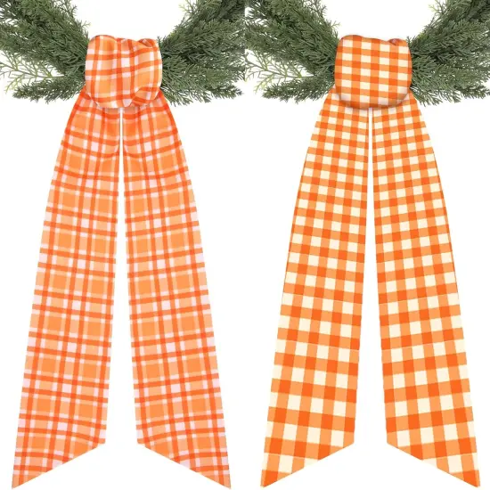 Fall Wreath Sash for Front Door - 2 Pcs Buffalo Check Orange Sashes for Wreaths Farmhouse Home Decor, 60 Inch Plaid Autumn Wreath Sashes for Embroidery DIY Bow Thanksgiving Halloween {1}