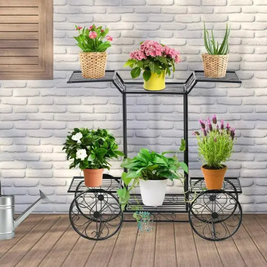 Garden Cart Metal Plant Stand Flower Display Rack Shelf with 4 Decorative Wheels {4}