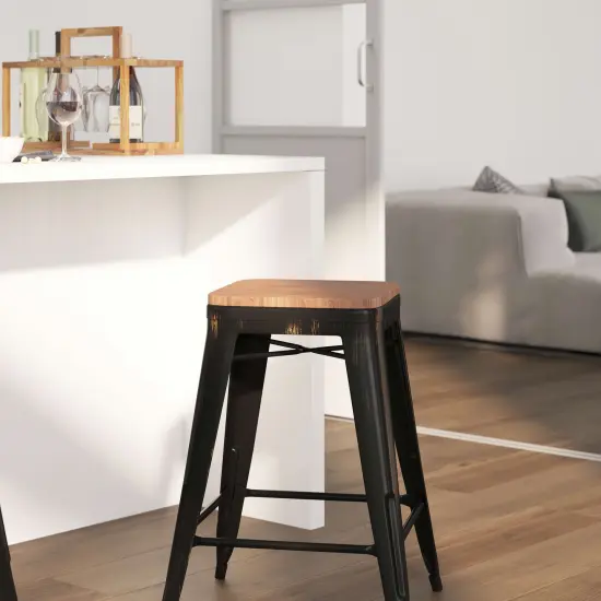 Merrick Lane Dalton Series Backless Metal Dining Stool with Wooden Seat for Indoor Use Black-Antique Gold {3}