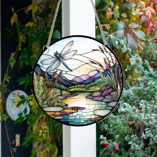 Summer Dragonfly Acrylic Window Hangings, Valley Stained Decor Nature Scenery Stained Art Wall Decoration Gift for Home Office Housewarming {4}