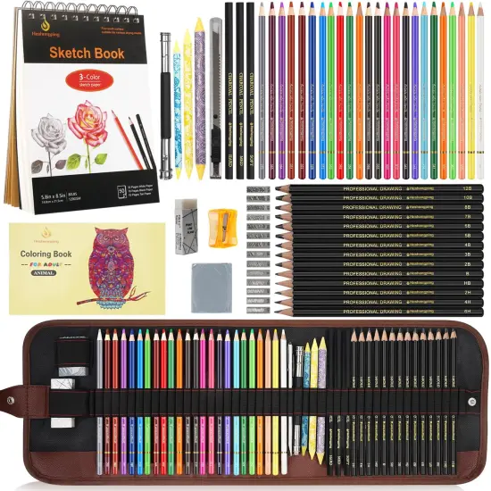Sketch & Drawing Art Pencil Kit 52 Piece Set, 24 Color Pencil for Coloring Books, Pencil of Graphite & charcoal, 3-color Sketchbook, coloring book Etc, Art Supply Ideal for Adult Student Beginner Teen {1}