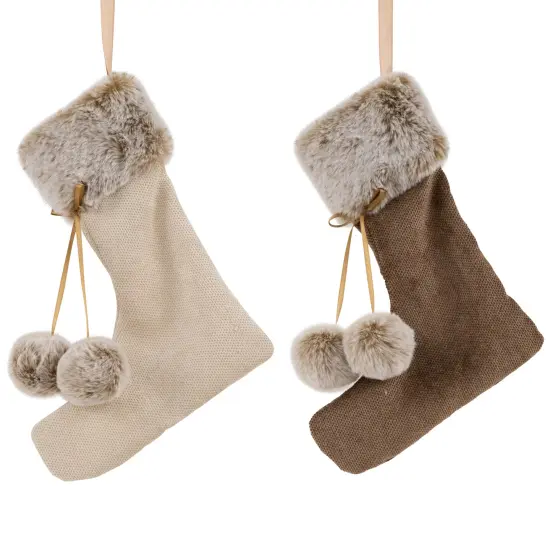 Northlight Plush Stockings Christmas Ornaments -7.5" - Beige and Brown - Set of 2 {3}