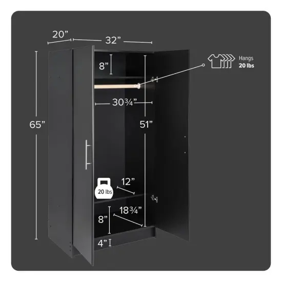 65" Freestanding Black Wardrobe Closet Organizer with Hanging Rail and Shelf for Bedroom {2}