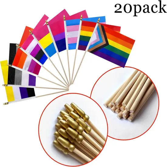 Progress Rainbow Gay Pride Flags Set on Wood Stick Small Mini Hand Held LGBTQ Inlcusive Flags,5x8 Inch,20 Pack {3}