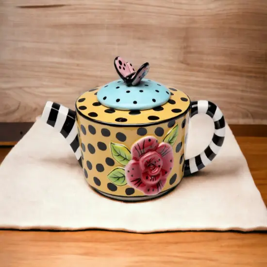 Ceramic Dotted and Striped Yellow Teapot, Gift for Her, Gift for Mom, Kitchen Décor, Tea Party Décor, Café Décor, Kitchen Decor {2}