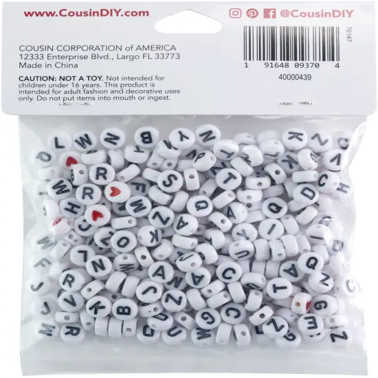 CousinDIY Alphabet Beads 7mm 250/Pkg-White Round With Black Letter {2}