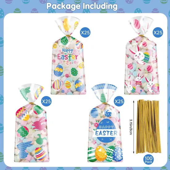 100 Pcs Easter Treat Bags - Happy Easter Gift Bags, Easter Eggs Plastic Cellophane Bag, Clear Colorful Easter Bunny Goodie Candy Favor Bags with Gold Twist Ties for Easter Party Favors Supplies {5}