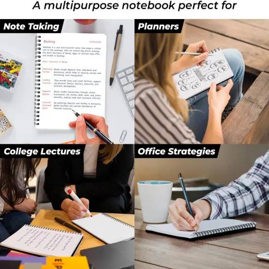 Unlined Spiral Notebook, 6 Pack, 8.3 x 5.8", 120 Pages (60 Sheets), Thick Black Water Resistant Cover, Thick No-Bleed 100 GSM Blank Paper, A5 Unlined Notebook, Travel Journal, Small Blank Sketchbook {4}