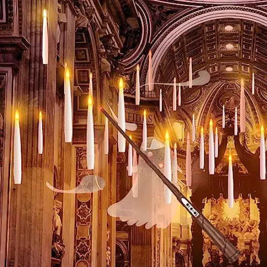 20 Pieces Floating Candles with Wand, Magic Hanging Candles, Flickering Warm Light Flameless Floating LED Candle with Wand Remote, Battery Operated Window Taper Candle Set for Halloween Decorations {2}