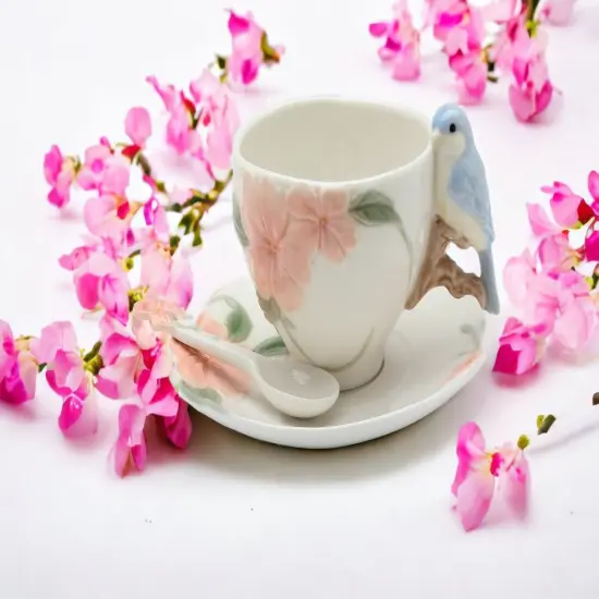 Ceramic Flower with Bluebird Cup and Saucer and Spoon-2 Sets, Gift for Mom, Gift for Friend or Coworker, Tea Party D&eacute;cor, Caf&eacute; Decor {2}